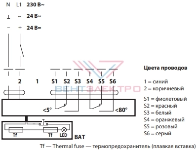 Схема электрического подключения электропривода BFL230-T для огнезадерживающих клапанов