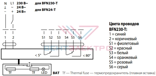 Схема электрического подключения электропривода BFN230-T для огнезадерживающих клапанов