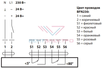 Схема электрического подключения электропривода BFN230 для огнезадерживающих клапанов
