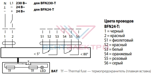 Схема электрического подключения электропривода BFN24-T для огнезадерживающих клапанов