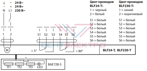 Схема электрического подключения электропривода BLF230-T для огнезадерживающих клапанов Схема электрического подключения электропривода BLF230-T для огнезадерживающих клапанов