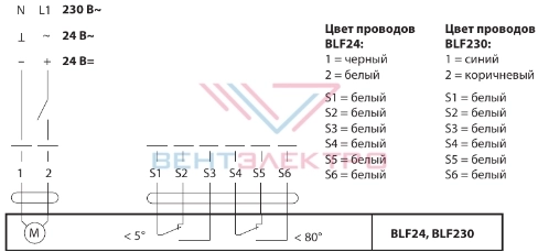 Схема электрического подключения электропривода BLF230 для огнезадерживающих клапанов