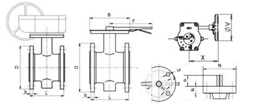 Строение и габаритные размеры затвора дискового поворотного Benarmo Ду100 Ру10/16 с диском из нержавеющей стали/чугуна