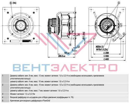 Габаритный чертёж радиального вентилятора ЕС-K3G250PR17I3 Ebmpapst