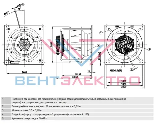 Габаритный чертёж радиального вентилятора K3G400PI9205 Ebmpapst