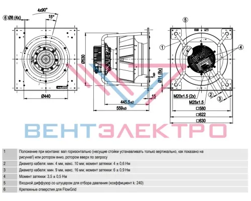 Габаритный чертёж радиального вентилятора K3G450PB2405 Ebmpapst