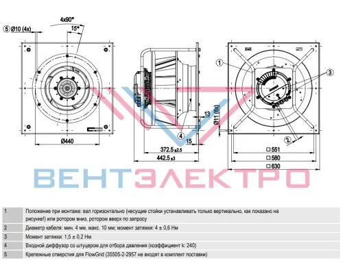 Габаритный чертёж радиального вентилятора K3G450PW1205 Ebmpapst