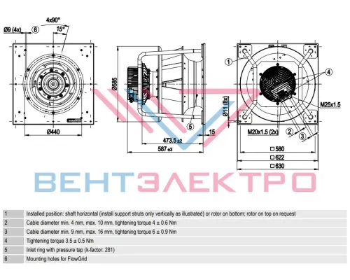 Габаритный чертёж радиального вентилятора ЕС-K3G500PB3331 Ebmpapst