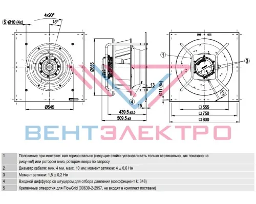 Габаритный чертёж радиального вентилятора K3G560PB3161 Ebmpapst