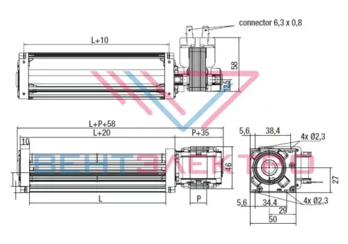Габаритные размеры тангенциального вентилятора QL3/3500A3-2112LH-449 co Ebmpapst