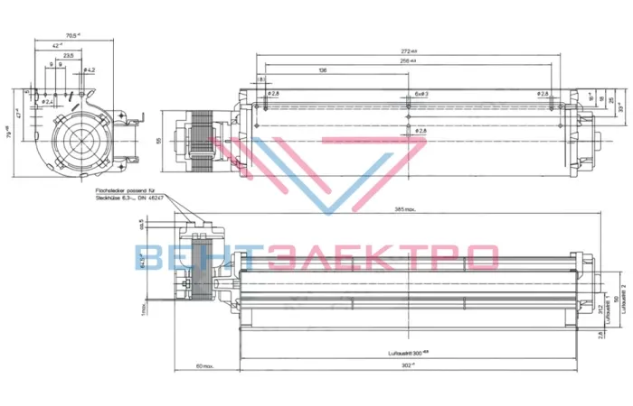 Габаритные размеры тангенциального вентилятора QLK45/0030A49-2518L-12za Ebmpapst