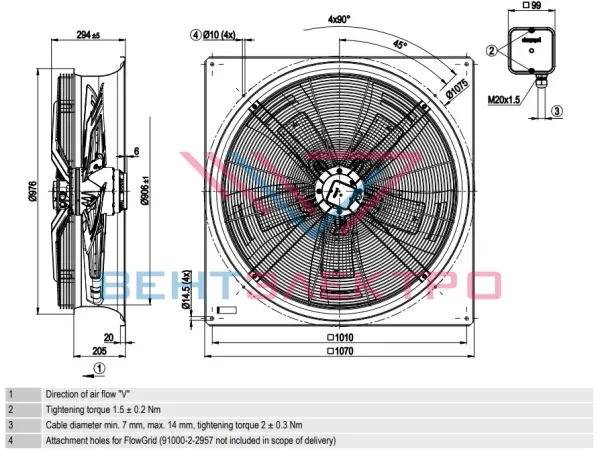 Габаритные размеры осевого вентилятора W6D910GC0101 Ebmpapst