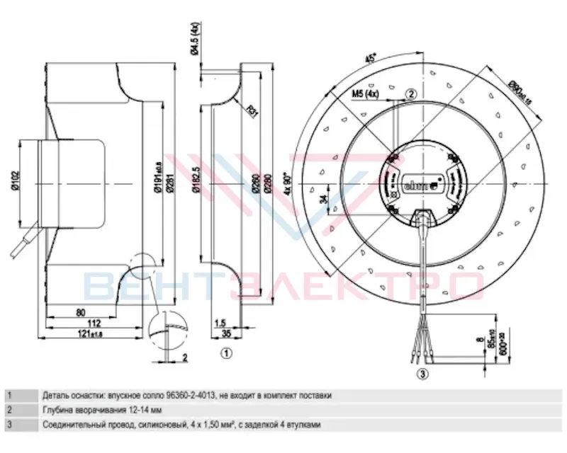 Габаритный чертёж радиального вентилятор Ebmpapst R3G280-AC66-38