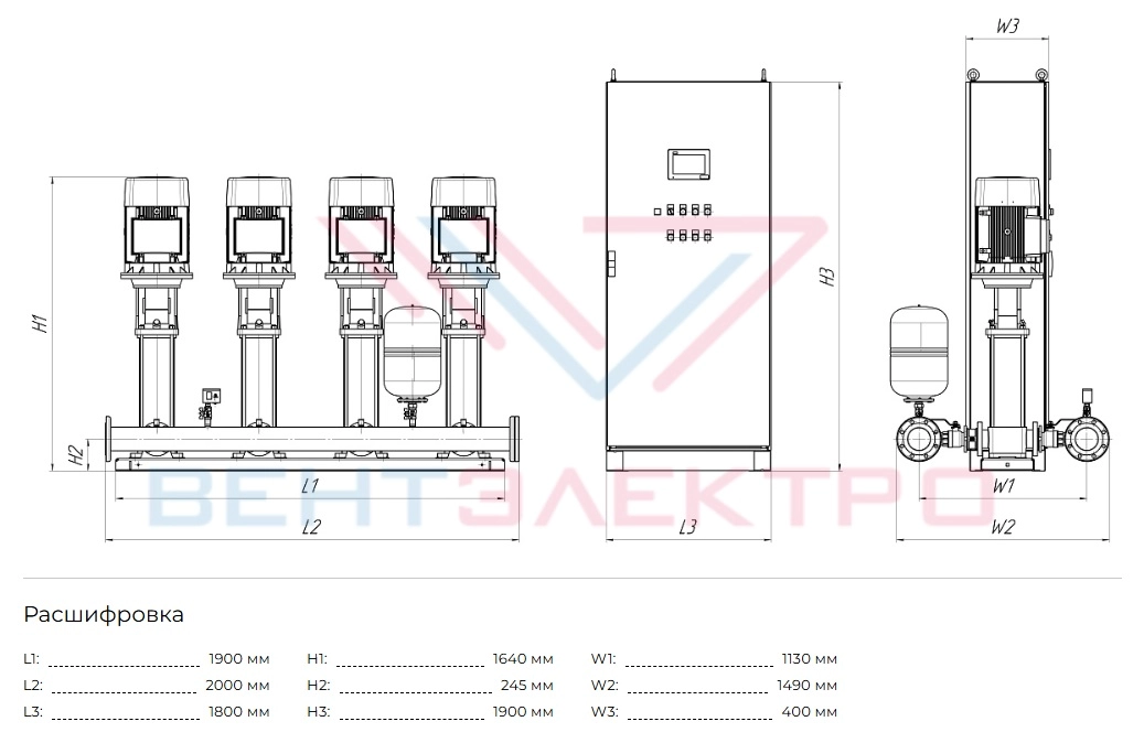 Размеры насосной установки Истратех  Hydro MPC 4 BM 64-4A G1-A-DD-200-25-A-C-A