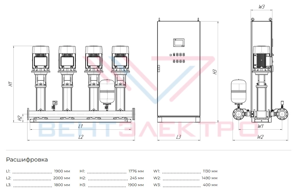 Размеры насосной установки Истратех  Hydro MPC 4 BM 64-5A G1-A-DD-200-25-A-C-A