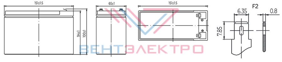 Размеры свинцово-кислотной аккумуляторной батареи HRL1236W MNB Battery