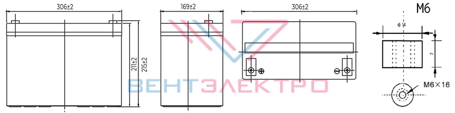 Размеры свинцово-кислотной аккумуляторной батареи HRL12390W MNB Battery