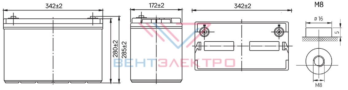 Размеры свинцово-кислотной аккумуляторной батареи HRL12610W MNB Battery