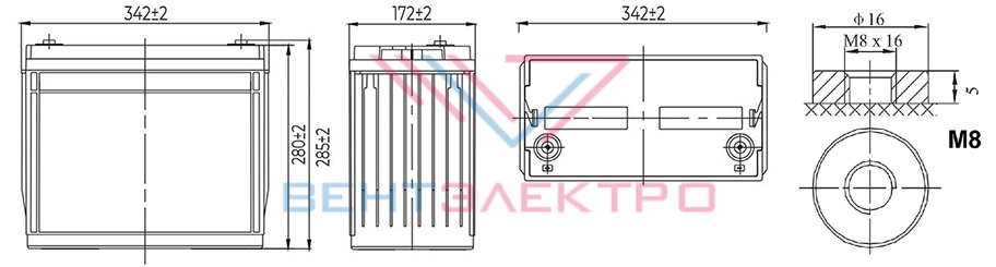 Размеры свинцово-кислотной аккумуляторной батареи HRL12650W MNB Battery