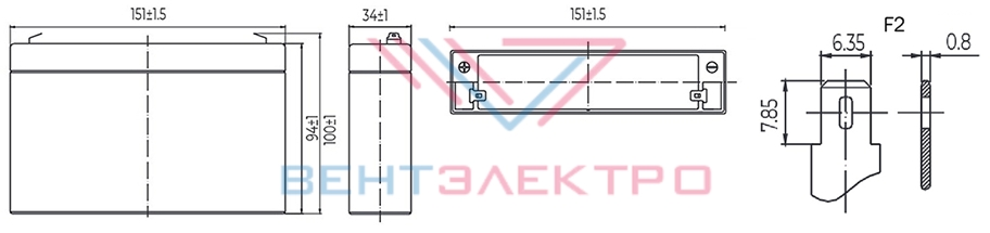 Размеры свинцово-кислотной аккумуляторной батареи HRL634W MNB Battery