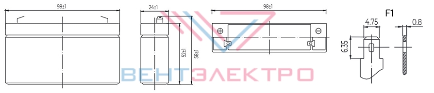 Размеры свинцово-кислотной аккумуляторной батареи MM 6012 MNB Battery