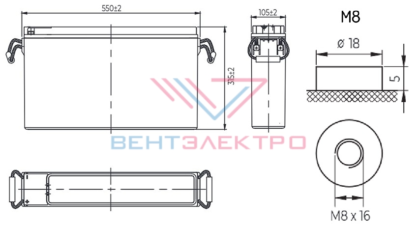 Размеры свинцово-кислотной аккумуляторной батареи MR 125-12 FT MNB Battery