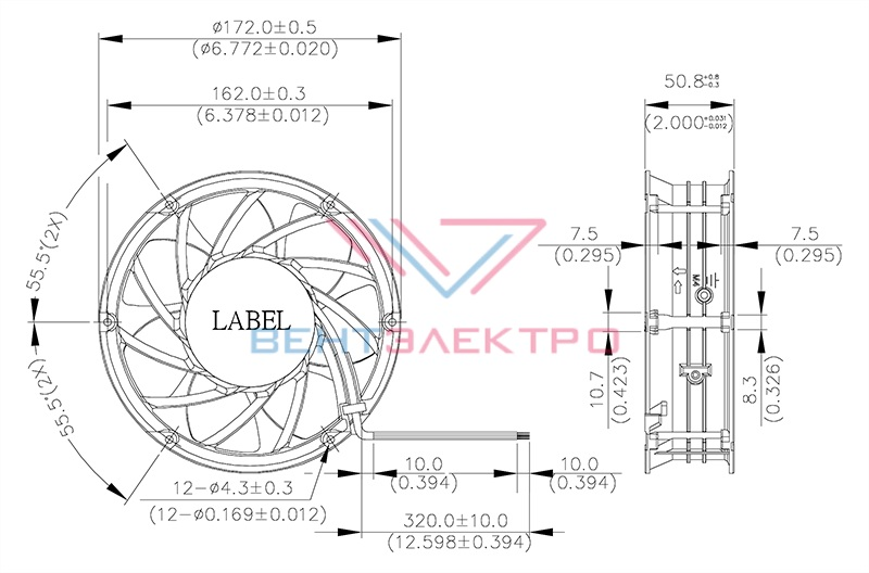 Габаритные размеры осевого вентилятора Delta Electronics THB1748BG Габаритные размеры осевого вентилятора Delta Electronics THB1748BG