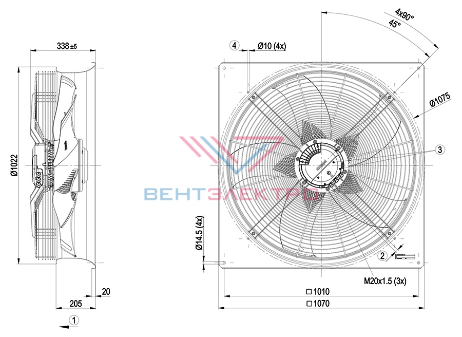 Габаритные размеры осевого вентилятора W3G910-KV12-03