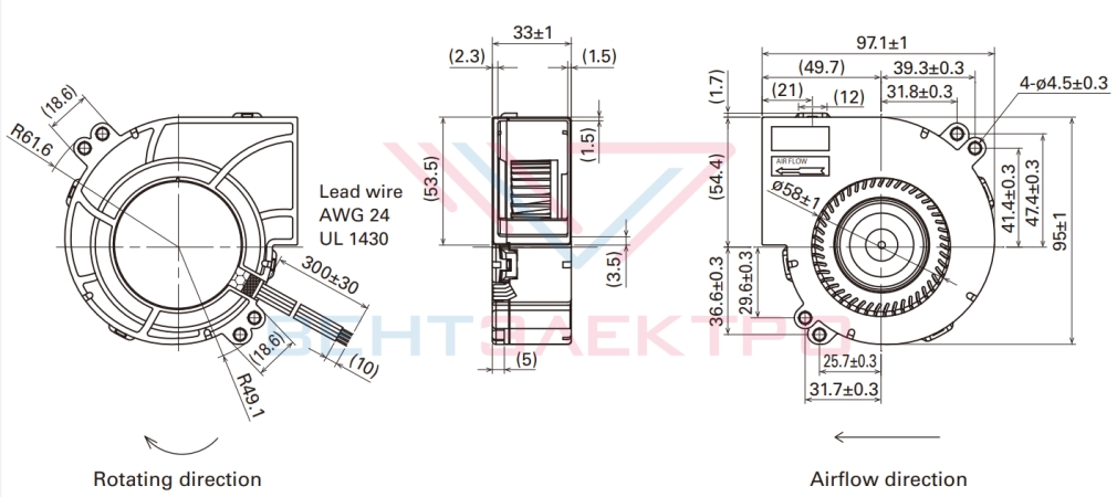 Габаритный чертёж радиального вентилятора 9W1BM24P2M001 Sanyo Denki