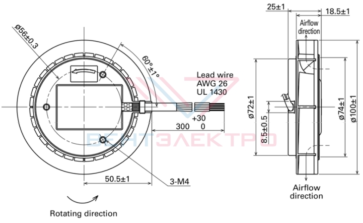 Габаритный чертёж радиального вентилятора 9W2TM24P4H001 Sanyo Denki Габаритный чертёж радиального вентилятора 9W2TM24P4H001 Sanyo Denki