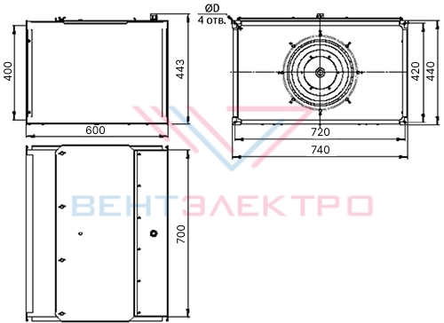 Габаритные размеры канального вентилятора 
ВК 700x400-31-2,2