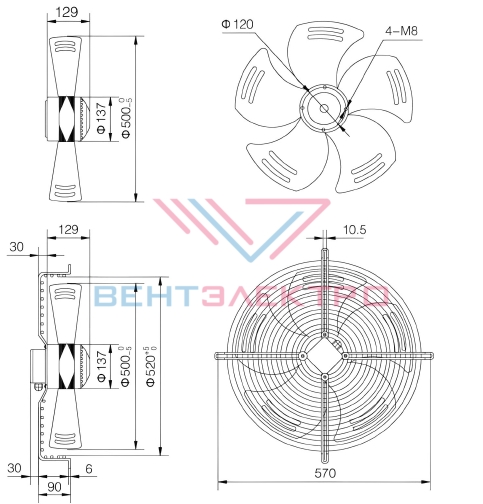 Габаритные размеры осевого вентилятора Weiguang YWF4D-500B-137/35-G Габаритные размеры осевого вентилятора Weiguang YWF4D-500B-137/35-G