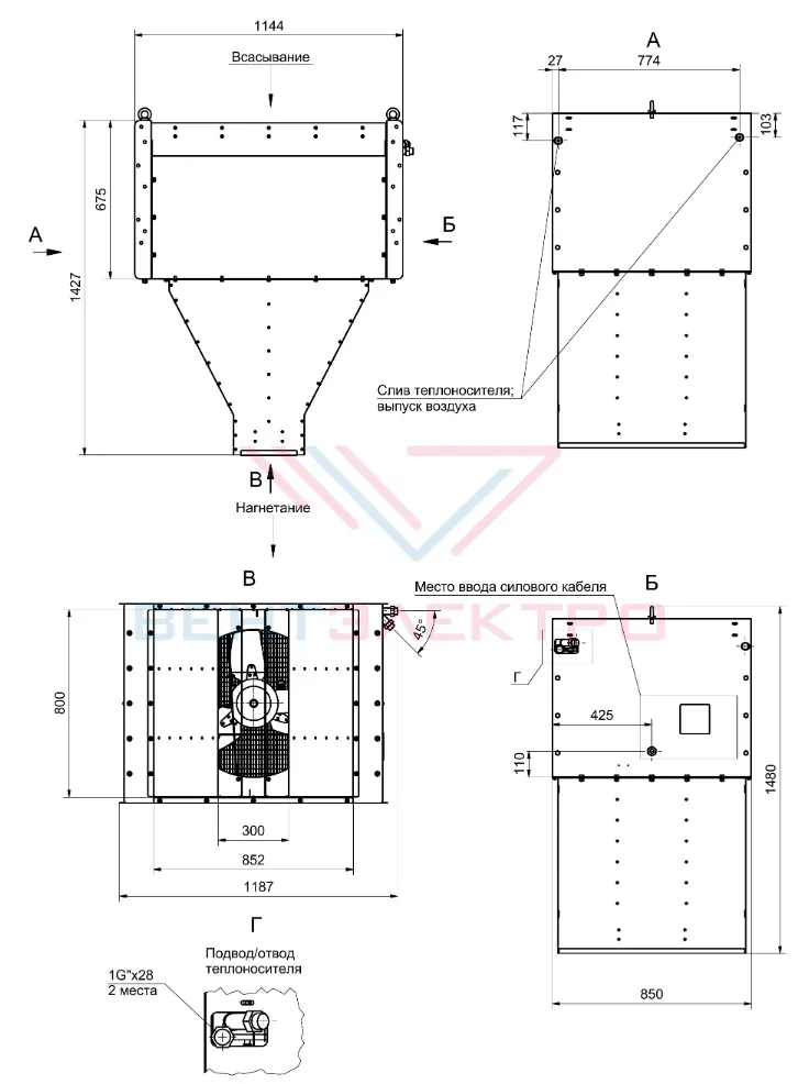 Габаритные размеры тепловой завесы Тепломаш КЭВ-140П8020W