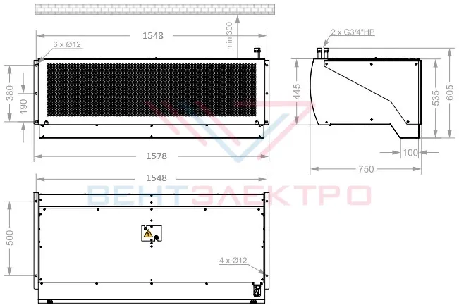 Габаритные размеры тепловой завесы Тепломаш КЭВ-140П5110W