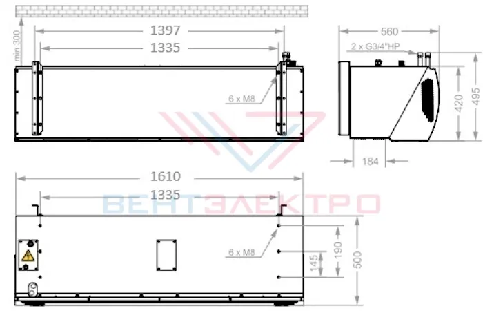 Габаритные размеры тепловой завесы Тепломаш КЭВ-130П5131W
